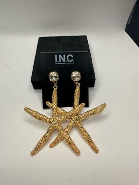 INC International Concepts Gold Starfish Drop Earrings with Crystal Studs